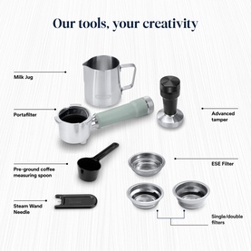Delonghi Dedica Duo Cold Brew accessories including portafilter, milk jug, advanced tamper, ESE kit, measuring spoon, steam wand needle