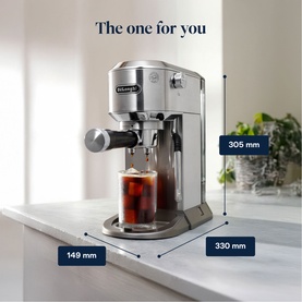 Delonghi Dedica Duo Cold Brew Manual Pump Machine in silver, with dimension annotations: 149mm wide, 330mm deep, 305mm tall.