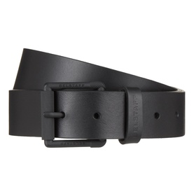 Belstaff Roller Buckle Belt in black leather with matte black embossed buckle and branded loop, coiled flat on white background.