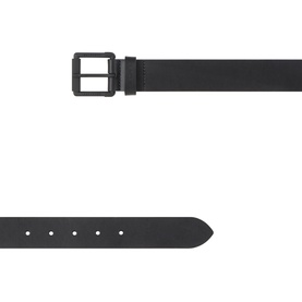 Belstaff Roller Buckle Belt in black leather with matte black square buckle, smooth finish, shown front and back.