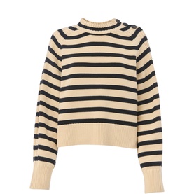 Whistles Striped Button Detail Sweater in cream with navy horizontal stripes, round neckline, long sleeves and ribbed cuffs