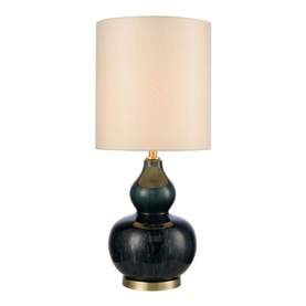 Mindy Browne Astor Table Lamp in blue ceramic with double-gourd base, brass fitting, and cream cylindrical fabric shade
