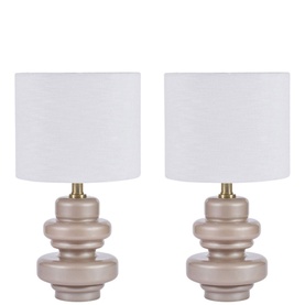 Mindy Browne Safio Mocha Table Lamp Set of Two, brown ceramic stacked-disc bases with white linen drum shades