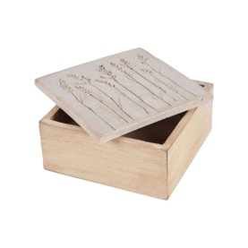 Mindy Browne Meadows Floral Square Box in natural wood with white ceramic lid featuring embossed floral meadow design