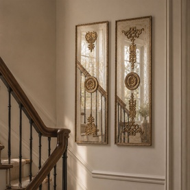 Mindy Browne Parisienne Wall D&eacute;cor, pair of cream ornate mirrored panels with gold floral relief detailing, displayed on hallway wall
