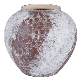 Round ceramic vase with rustic terracotta and white marbled glaze finish, wide body with narrow opening