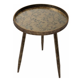 Mindy Browne Oriental Floral Round Side Table in gold with engraved leaf motif top and slender tapered tripod legs