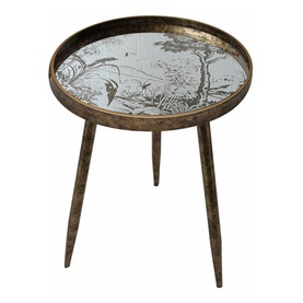 Mindy Browne Japanese Garden Round Side Table in gold with toile-style nature scene on glass top and three tapered legs.