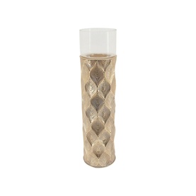 Tall cylindrical candle holder in gold-toned embossed leaf pattern with clear glass hurricane top