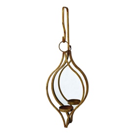 Mindy Browne Ellie Mirrored Single Candle Holder in gold, teardrop-shaped iron frame with central mirror panel and hanging loop