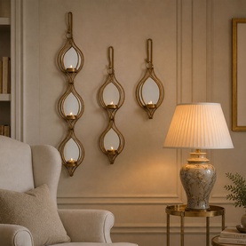 Mindy Browne Ellie Mirrored Single Candle Holder in gold, iron and mirror wall-mounted design, shown in a trio arrangement in a living room setting.