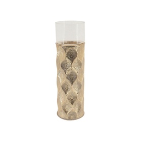 Tall gold embossed leaf-pattern candle holder with clear glass hurricane top, cylindrical form
