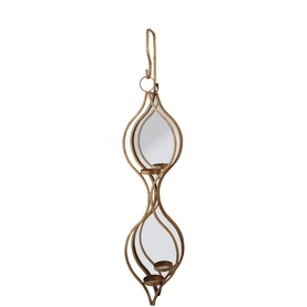 Mindy Brownes Ellie Mirrored Double Candle Holder in gold, iron frame with two teardrop mirror panels and candle platforms, hanging hook top
