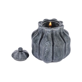 Mindy Browne Ivar Ceramic Candle Holder in grey charcoal, ribbed pumpkin-shaped pot with lit candle and separate lid beside it