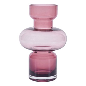 Pink tinted glass vase with stacked bulbous silhouette, three-tiered rounded sections in dusky rose and deep plum tones