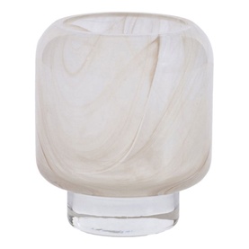Frosted cream marbled glass vase with rounded square silhouette and clear circular base