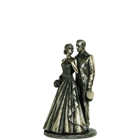 Genesis Just Married Bronze Ornament, brown resin figurine of a bride and groom standing together, classic wedding attire detailing