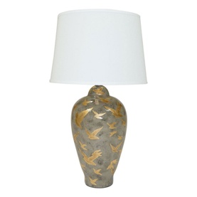 Mindy Browne Ashford Large Bird Table Lamp in grey gold ceramic with embossed bird motif and white tapered shade.