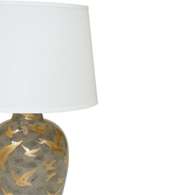 Mindy Browne Ashford Large Bird Table Lamp in grey and gold ceramic with bird motif, white drum shade.