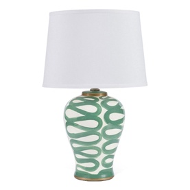 Mindy Brownes Julie Patterned Table Lamp in white and green ceramic with abstract oval motifs and white tapered shade