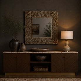 Mindy Browne Lyra Square Mirror in gold, textured sunburst frame, styled above a dark wood sideboard with lamp and decorative vases.