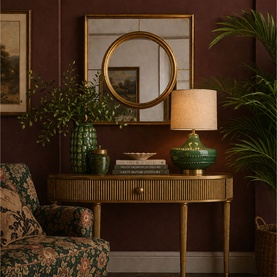 Gold fluted console table styled with green ceramic lamp, round mirror, and botanical accessories against a deep red wall.