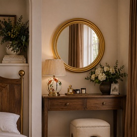Mindy Browne Beth Round Mirror in gold, styled above a wooden dressing table with lamp and floral arrangement in a bedroom setting.