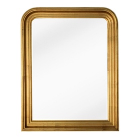 Mindy Browne Isla Curved Mirror in gold, rectangular wall mirror with rounded top corners and stepped gold frame