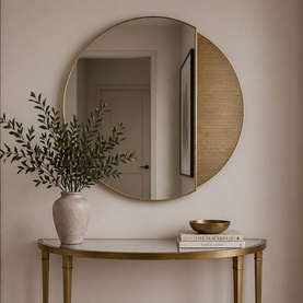 Large round wall mirror with slim brass-tone frame, styled above a gold console table with vase and books in a neutral hallway setting