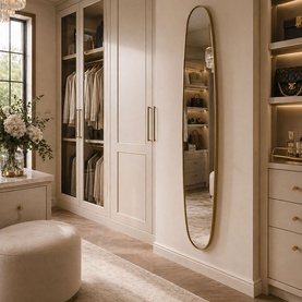 Mindy Browne Hanna Oblong Mirror in gold, slim metal frame, floor-standing in a neutral walk-in wardrobe with built-in cabinetry