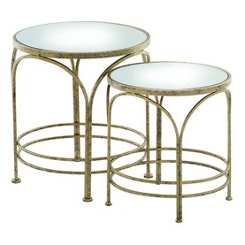 Mindy Browne Ethan Round Nest of Tables Two-Piece Set in gold with mirrored glass tops, curved iron legs and circular base rings.