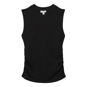 Reiss black sleeveless top with ruched side detailing and crew neck, flat lay product shot.