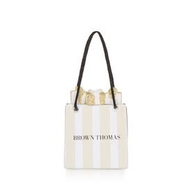 Vondels Brown Thomas Shopping Bag Glass Tree Decoration with gold glitter embellishment, rope handles, and cream stripe design.