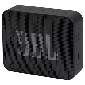 JBL Go 2 Essential portable Bluetooth speaker in black, compact square design with mesh grille and JBL logo