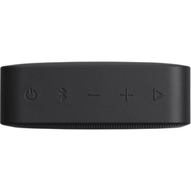 JBL Go 2 Essential Bluetooth speaker in black, top view showing power, Bluetooth, volume and play controls on fabric-covered body