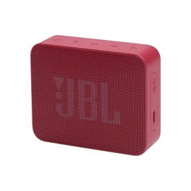 JBL Go 2 Essential portable Bluetooth speaker in red, compact square design with fabric grille and IPX7 waterproof rating