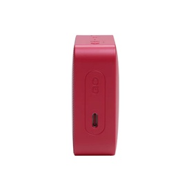 JBL Go 2 Essential portable Bluetooth speaker in red, rear view showing USB charging port and button controls