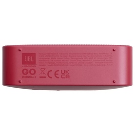 JBL Go 2 Essential Portable Speaker in red, rear view showing compliance markings and JBL branding