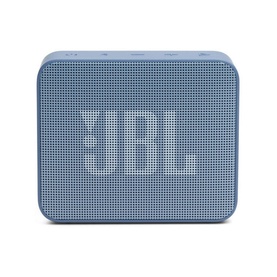 JBL Go 2 Essential portable Bluetooth speaker in blue, compact square design with textured grille and embossed logo