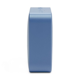 JBL Go 2 Essential portable Bluetooth speaker in blue, side profile view showing compact rectangular form with smooth finish