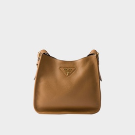 Prada Accessories Medium Leather Shoulder Bag in brown with gold-tone hardware, triangle logo plaque, and adjustable shoulder strap