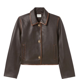 Claude Pierlot Vintage Cropped Leather Jacket in dark brown with gold-tone clasp fastenings, shirt collar, and contrast piped trim detailing