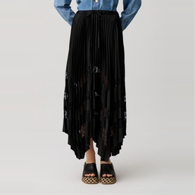 Lace Insert Asymmetric Pleated Skirt