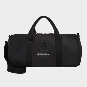 Calvin Klein CK Logo Holdall in black nylon, dual top handles, detachable crossbody strap, embroidered CK monogram logo on front