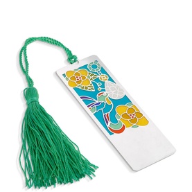 Newbridge Decorated Tassel Bookmark, silver-plated with floral and bird design, green tassel, presented on white background