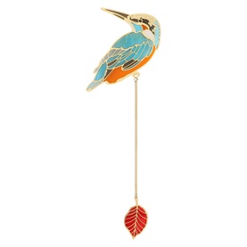 Newbridge Kingfisher Bookmark in gold-plated metal, turquoise and orange enamel bird design with chain and red leaf detail