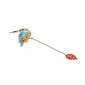 Newbridge Kingfisher Bookmark in gold-plated metal, featuring teal and orange enamel kingfisher, long pin with red enamel leaf charm
