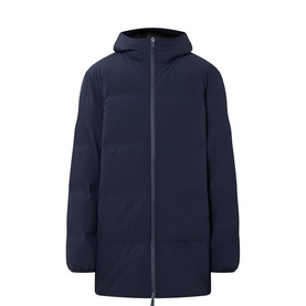 Herno Laminar Padded Parka in navy with hood, two-way zip fastening, striped quilting and seamless heat-taped finish