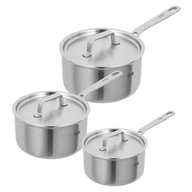 Kuhn Culinary Fiveply 3-Piece Saucepan Set in stainless steel, three lidded pans with long handles in graduated sizes