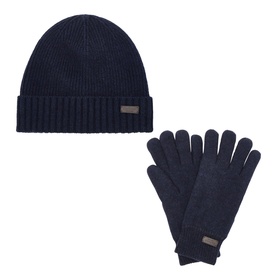 Barbour Carlton Hat & Gloves Set in navy, ribbed knit beanie with turned-up brim and matching knit gloves with logo tabs